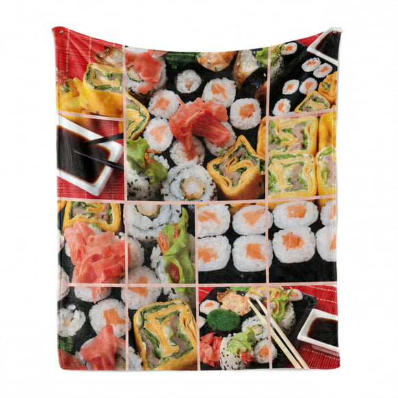 Ambesonne Wasabi Soft Flannel Fleece Throw Blanket Soy Sauce and Delicious Sushi Plate with Chopsticks Cartoon Composition 60 x 80 Vermilion Multicolor Cozy Plush for Indoor and Outdoor Use 